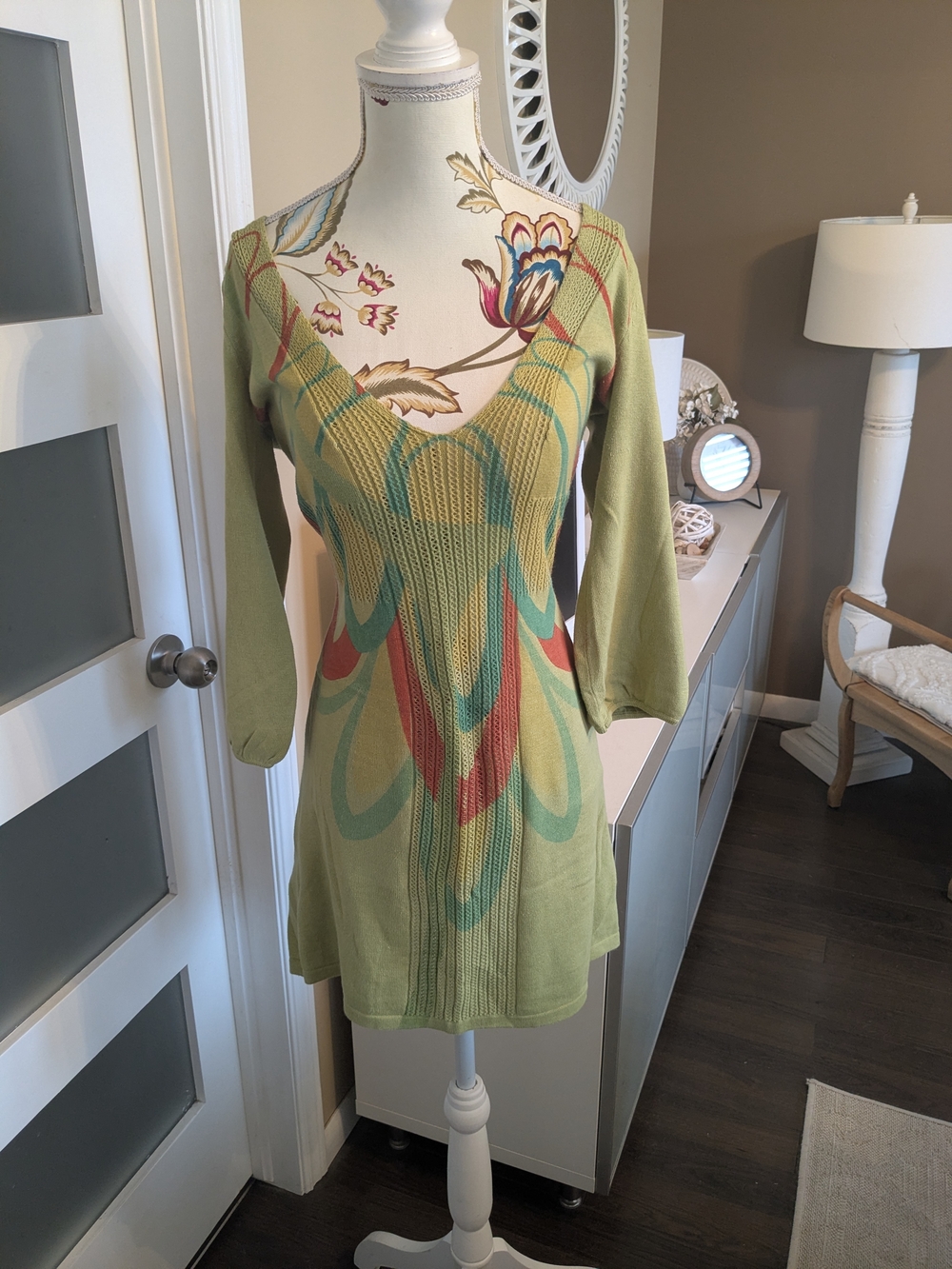 Light Green Patterned V-Neck Sweater Dress